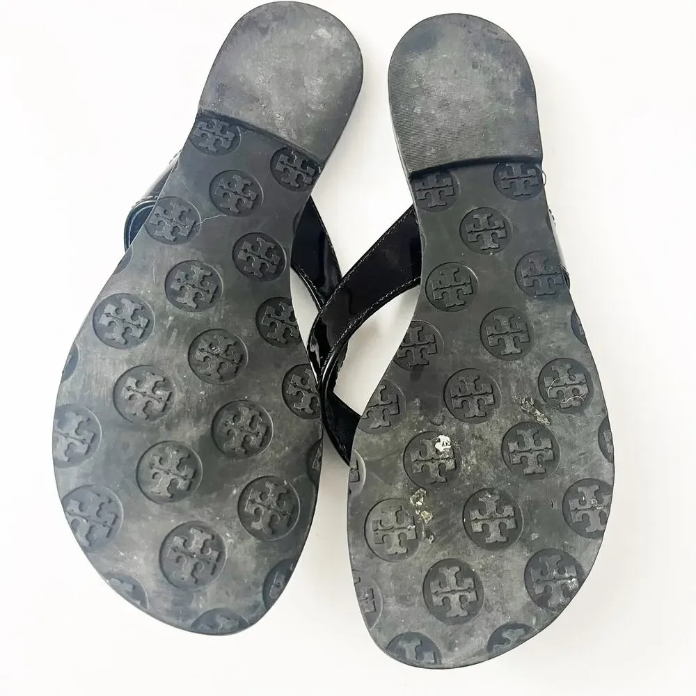 Tory Burch Black Patent Logo Flip Flops with Silver Medallions Size 6